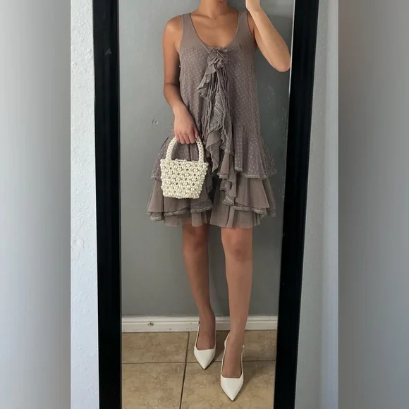 Gray rosette tiered ruffle mesh mini dress M fairycore coquette brunch soft girl - Picture 5 of 16